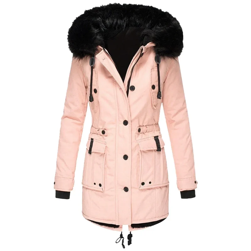 Damen Winterjacke mit Fellkapuze und Taschen