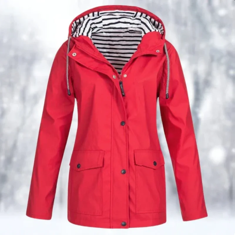 Damen Regenjacke mit Kapuze und Streifenfutter