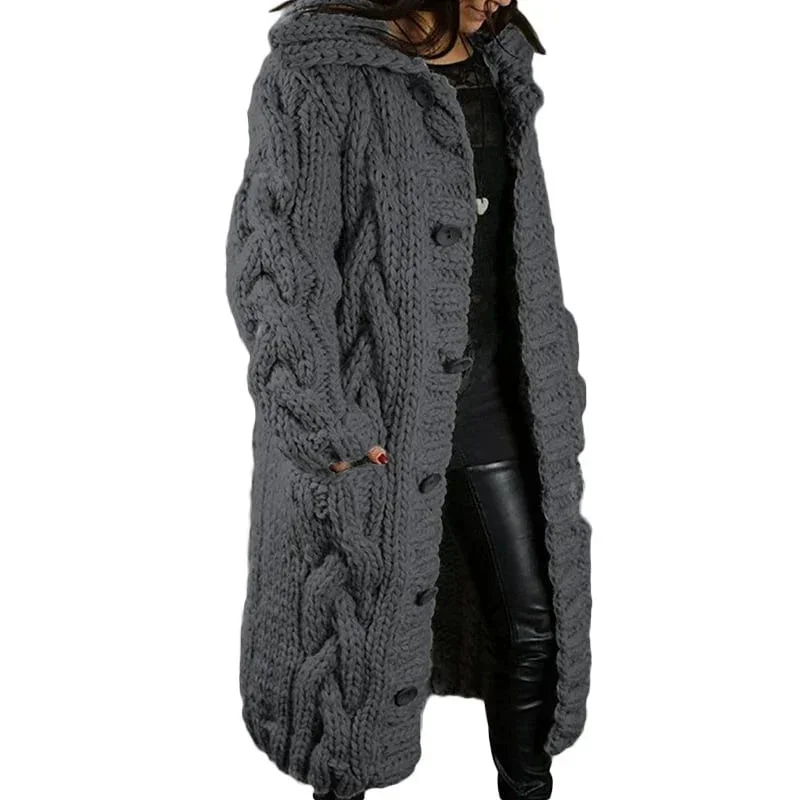 Lange Damen Strickjacke mit Kapuze und Zopfmuster