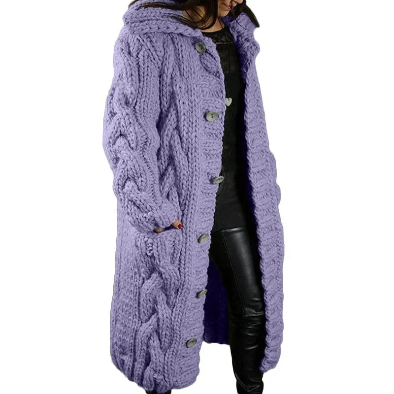 Lange Damen Strickjacke mit Kapuze und Zopfmuster