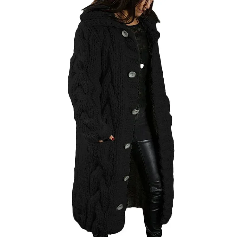 Lange Damen Strickjacke mit Kapuze und Zopfmuster