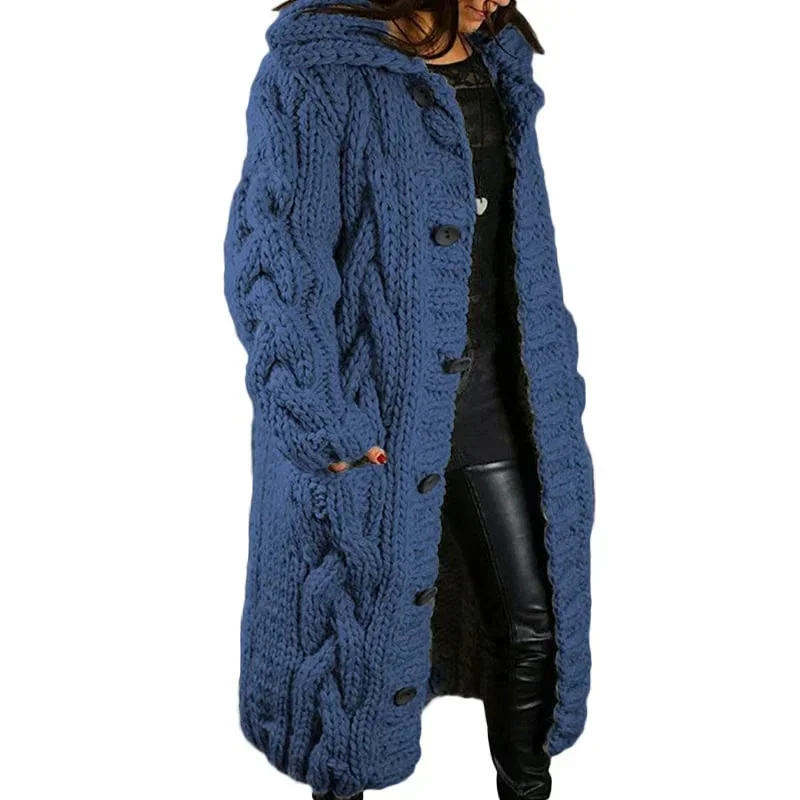 Lange Damen Strickjacke mit Kapuze und Zopfmuster
