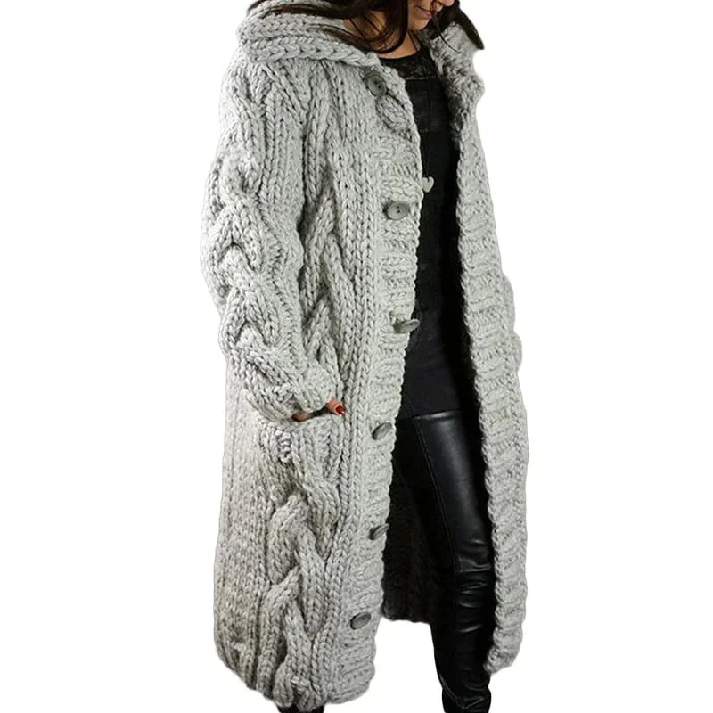 Lange Damen Strickjacke mit Kapuze und Zopfmuster