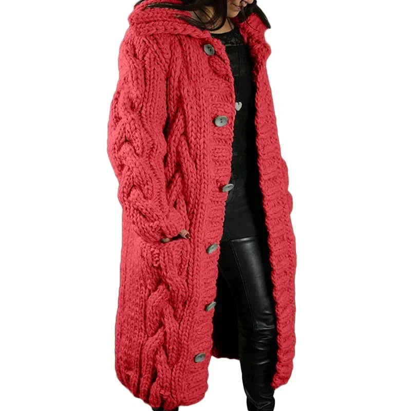 Lange Damen Strickjacke mit Kapuze und Zopfmuster