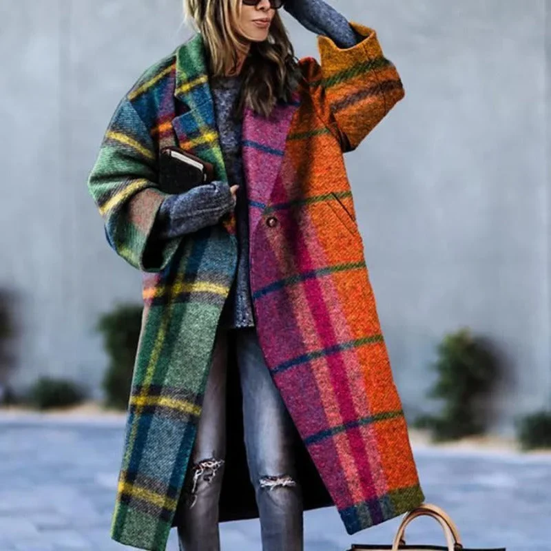 Damen Oversize Mantel mit Karomuster und Knopfverschluss