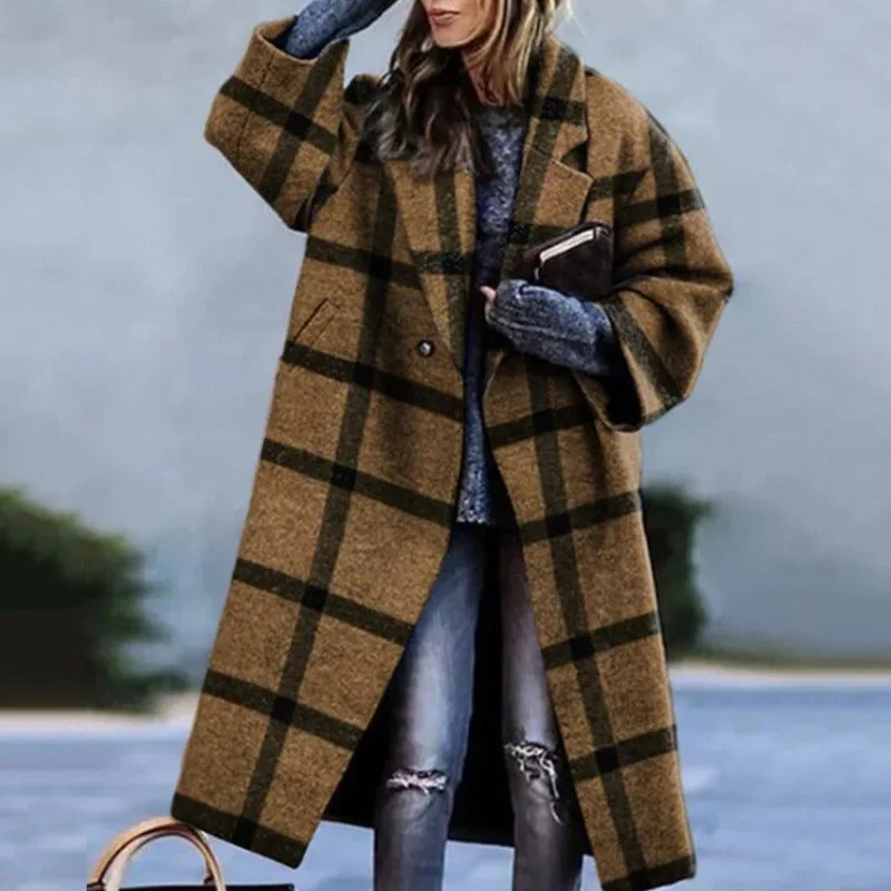 Damen Oversize Mantel mit Karomuster und Knopfverschluss