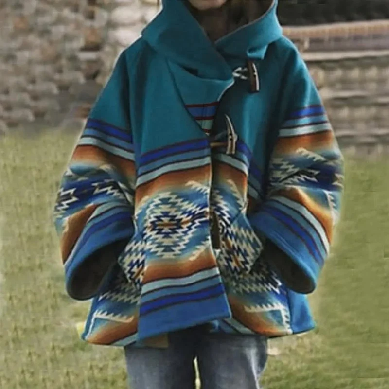 Damen Poncho Mantel mit Kapuze im Ethno-Stil