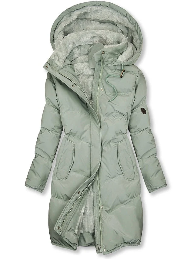 Winterjacke Damen Gefüttert Mit Kapuze | Lang Mit Reißverschluss und Knöpfen