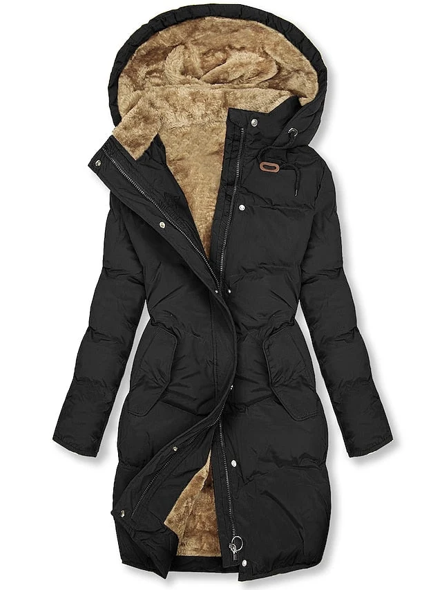 Winterjacke Damen Gefüttert Mit Kapuze | Lang Mit Reißverschluss und Knöpfen
