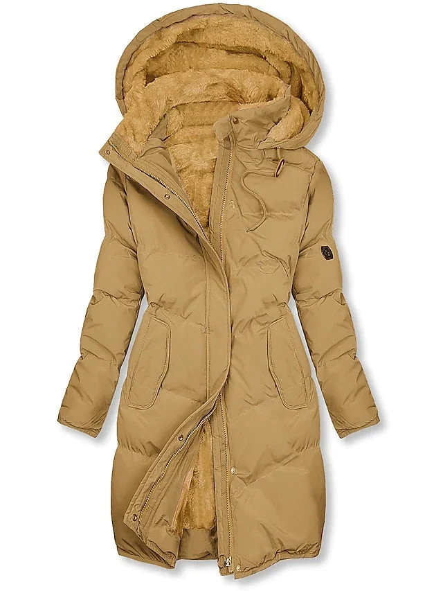 Winterjacke Damen Gefüttert Mit Kapuze | Lang Mit Reißverschluss und Knöpfen