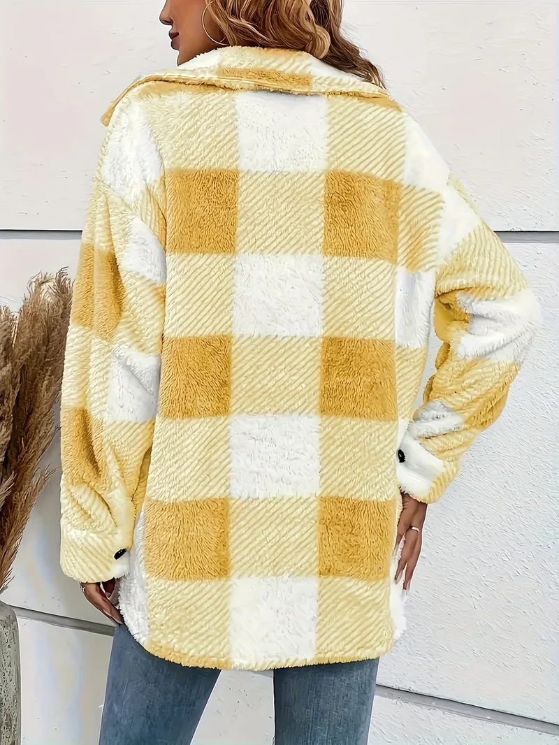Damen-Freizeitjacke aus Fleece | Karomuster mit Knopfleiste vorne