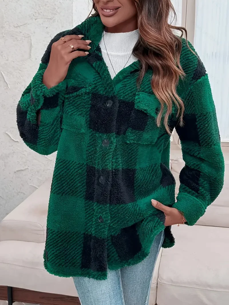 Damen-Freizeitjacke aus Fleece | Karomuster mit Knopfleiste vorne