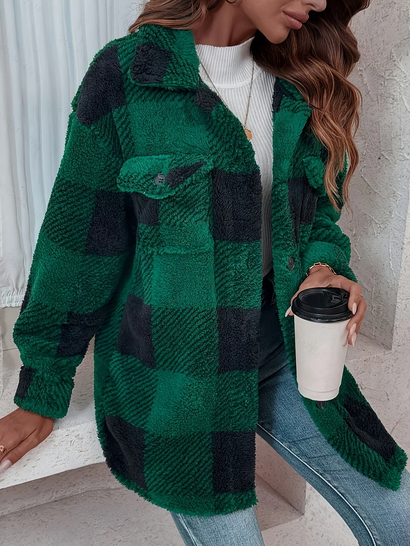 Damen-Freizeitjacke aus Fleece | Karomuster mit Knopfleiste vorne