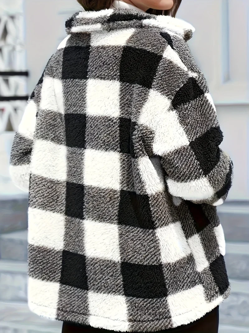 Damen Kuscheljacke Kariert | Knopfverschluss mit Kragen