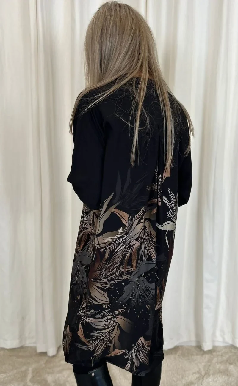 Damen Langarm Midikleid mit Blumenmuster in Schwarz