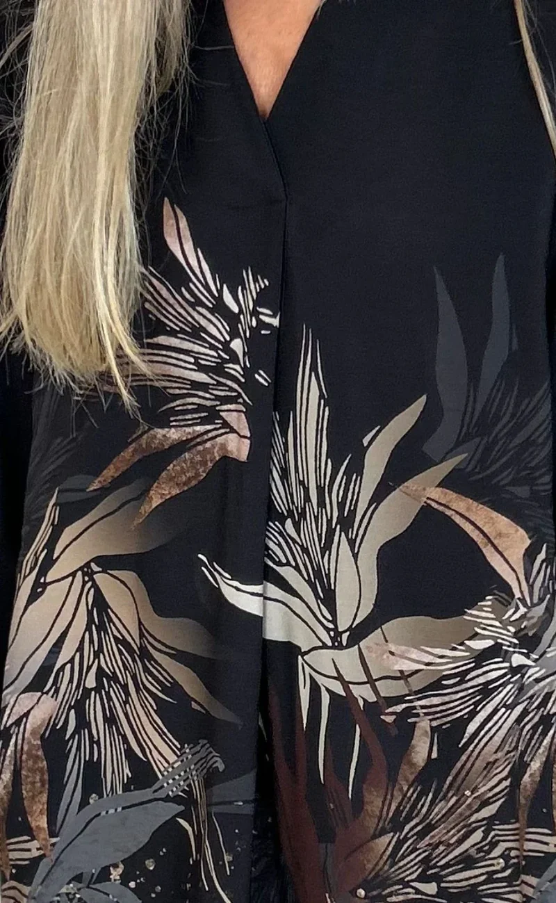 Damen Langarm Midikleid mit Blumenmuster in Schwarz