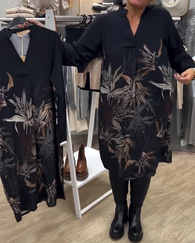 Damen Langarm Midikleid mit Blumenmuster in Schwarz