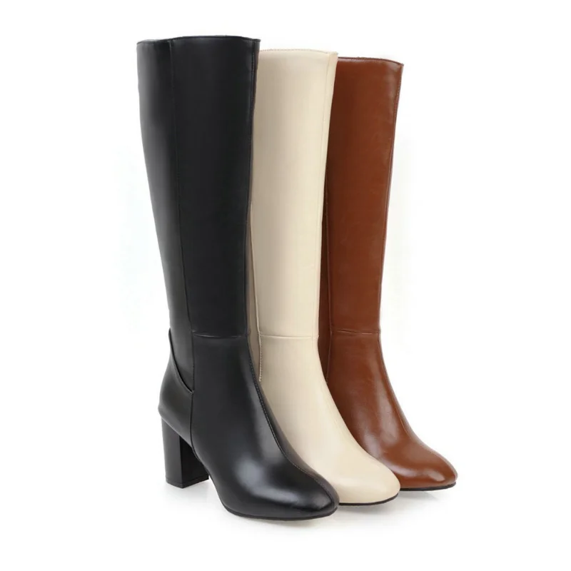 Damen hohe Stiefel mit Blockabsatz und seitlichem Reißverschluss