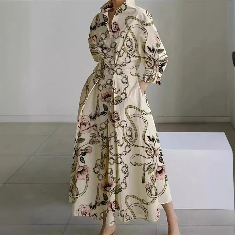 Damen Maxikleid mit Front-Wickelkragen und Musterprint