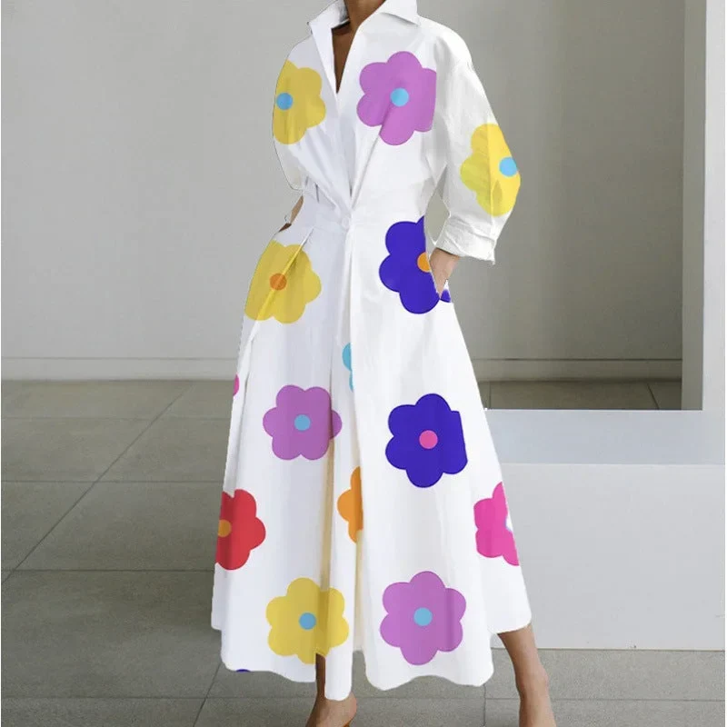 Damen Maxikleid mit Front-Wickelkragen und Musterprint