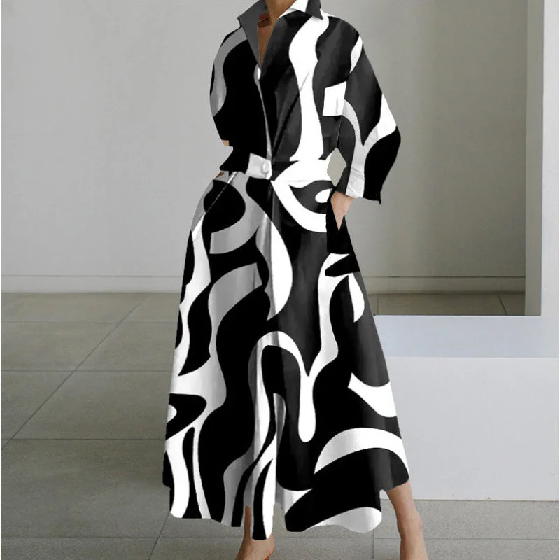 Damen Maxikleid mit Front-Wickelkragen und Musterprint