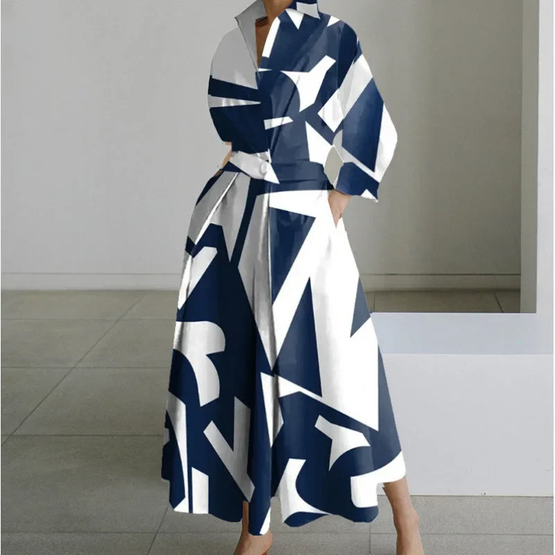 Damen Maxikleid mit Front-Wickelkragen und Musterprint