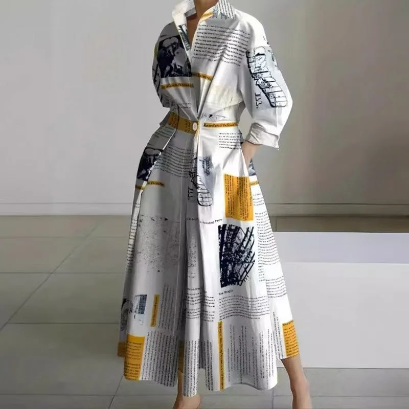 Damen Maxikleid mit Front-Wickelkragen und Musterprint