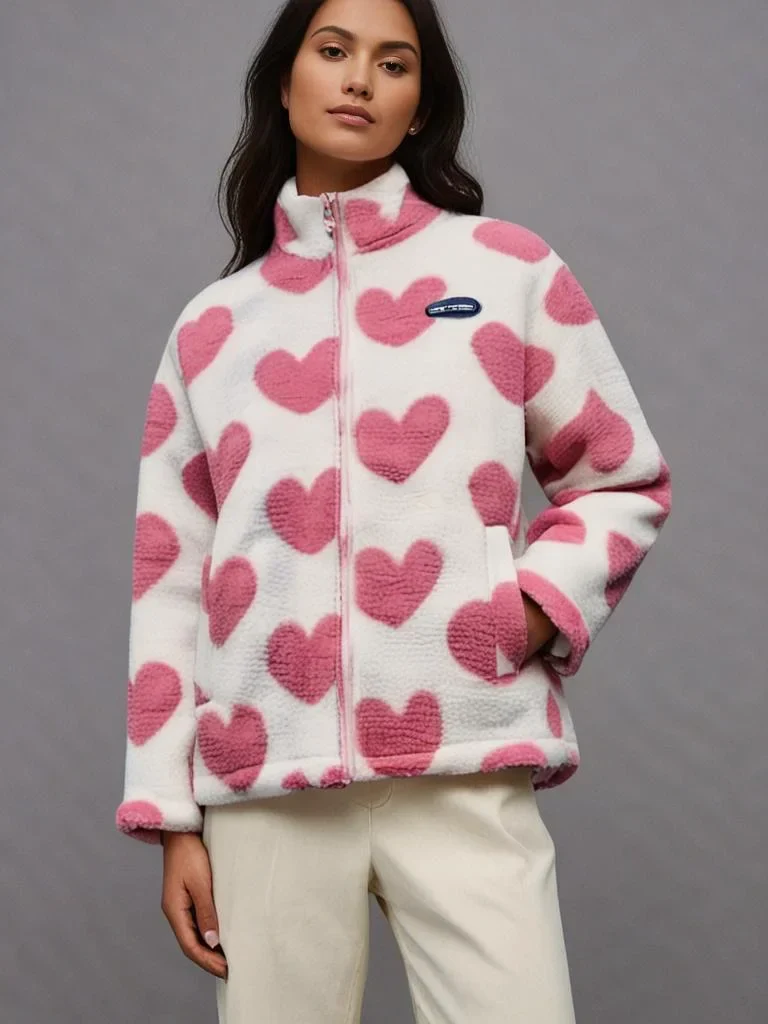 Damen Wendejacke mit Herzmuster und Fleece-Innenseite