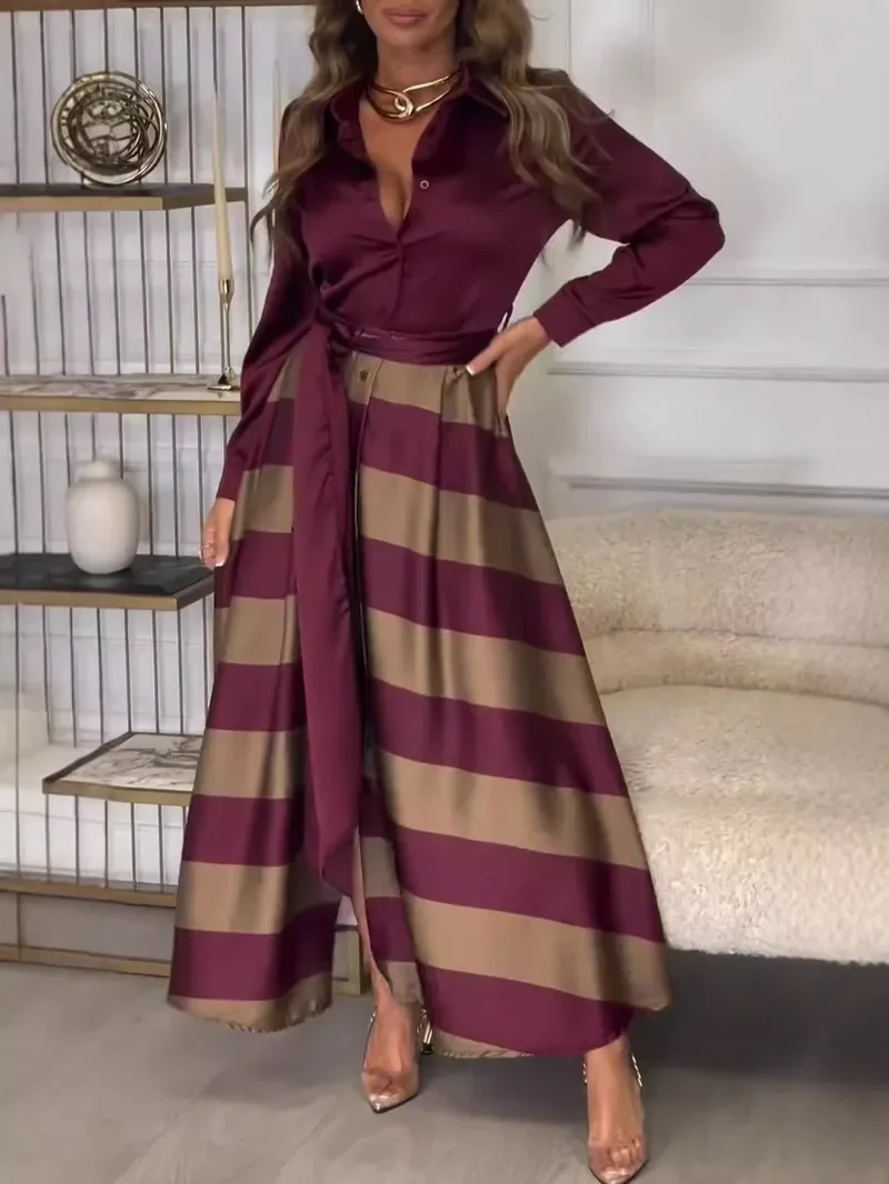 Maxikleid für Damen mit Streifenmuster und langen Ärmeln