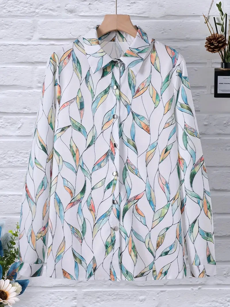 Damen Bluse mit Blattmuster und Dreiviertelärmeln