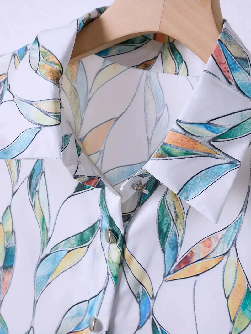Damen Bluse mit Blattmuster und Dreiviertelärmeln