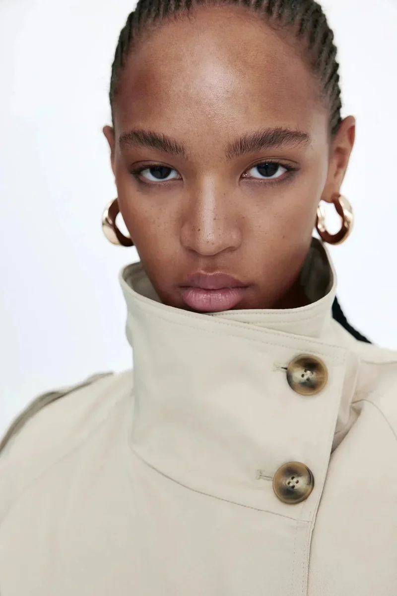 Damen Trenchcoat mit hohem Kragen und Taillengürtel