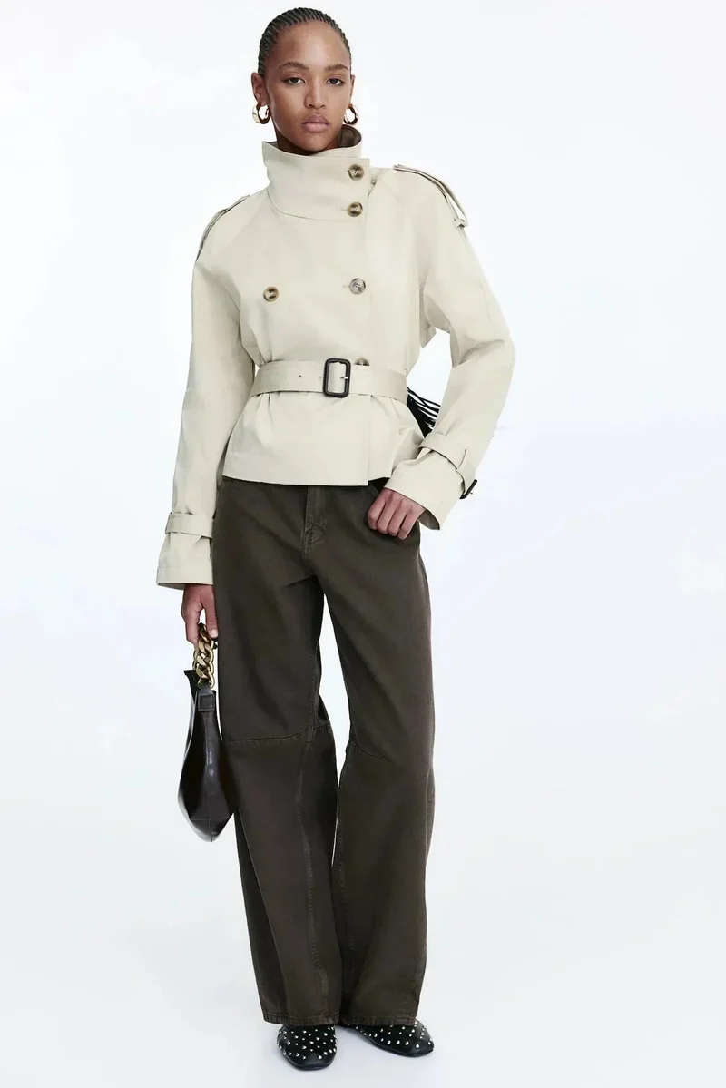 Damen Trenchcoat mit hohem Kragen und Taillengürtel