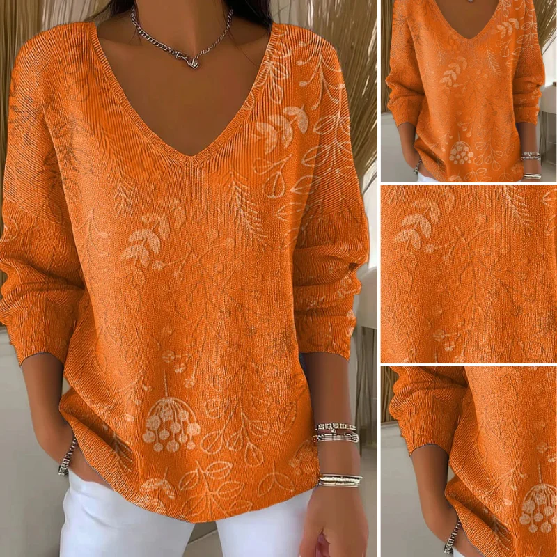 Damenpullover mit V-Ausschnitt und floraler Musterung