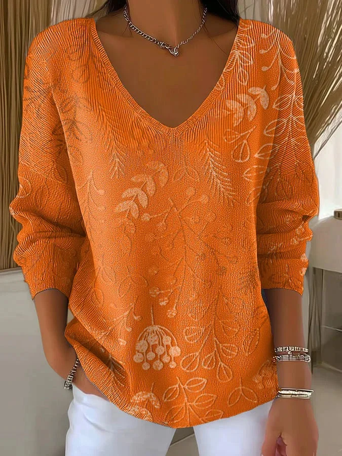Damenpullover mit V-Ausschnitt und floraler Musterung