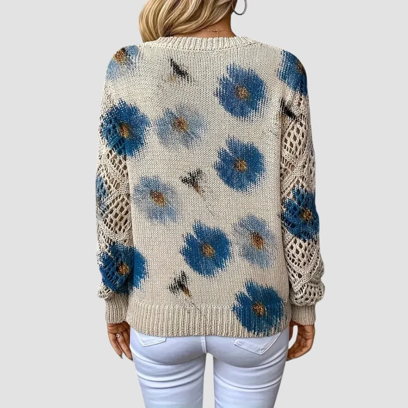 Damenpullover mit Blumenmuster und Häkel-Details