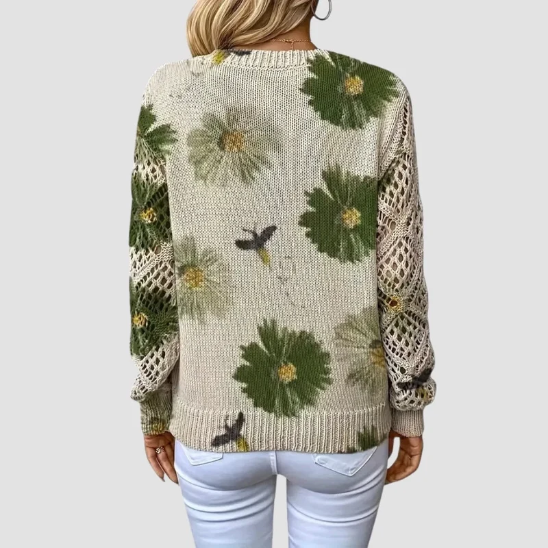 Damenpullover mit Blumenmuster und Häkel-Details