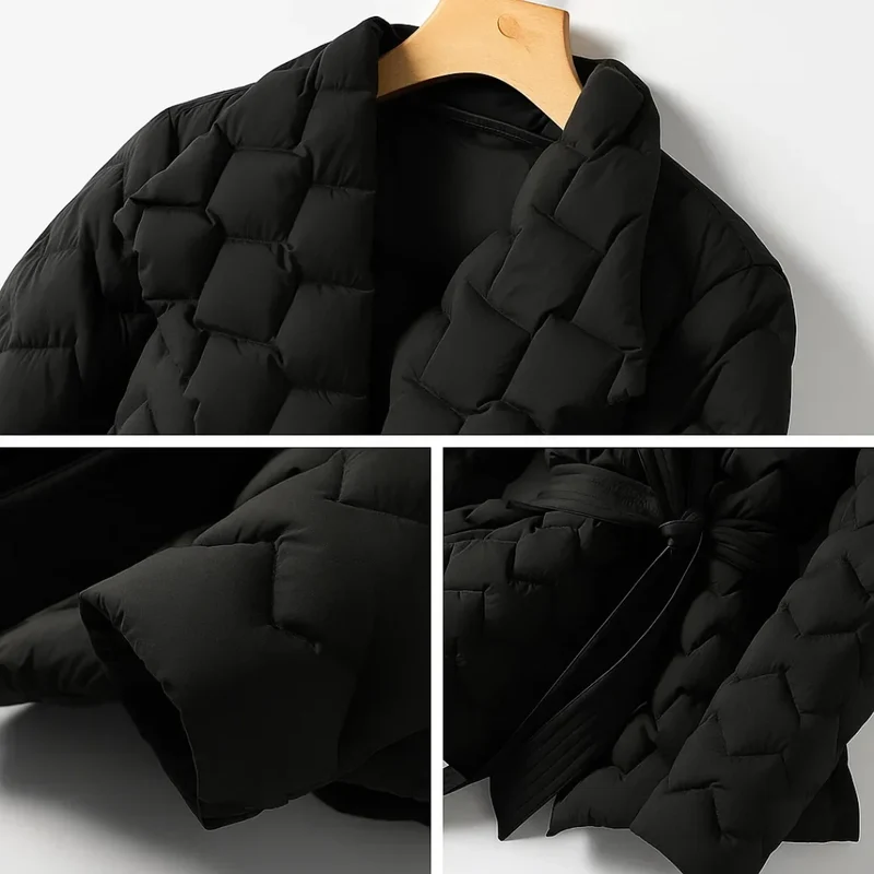 Damen Steppjacke mit Schalkragen und Bindegürtel