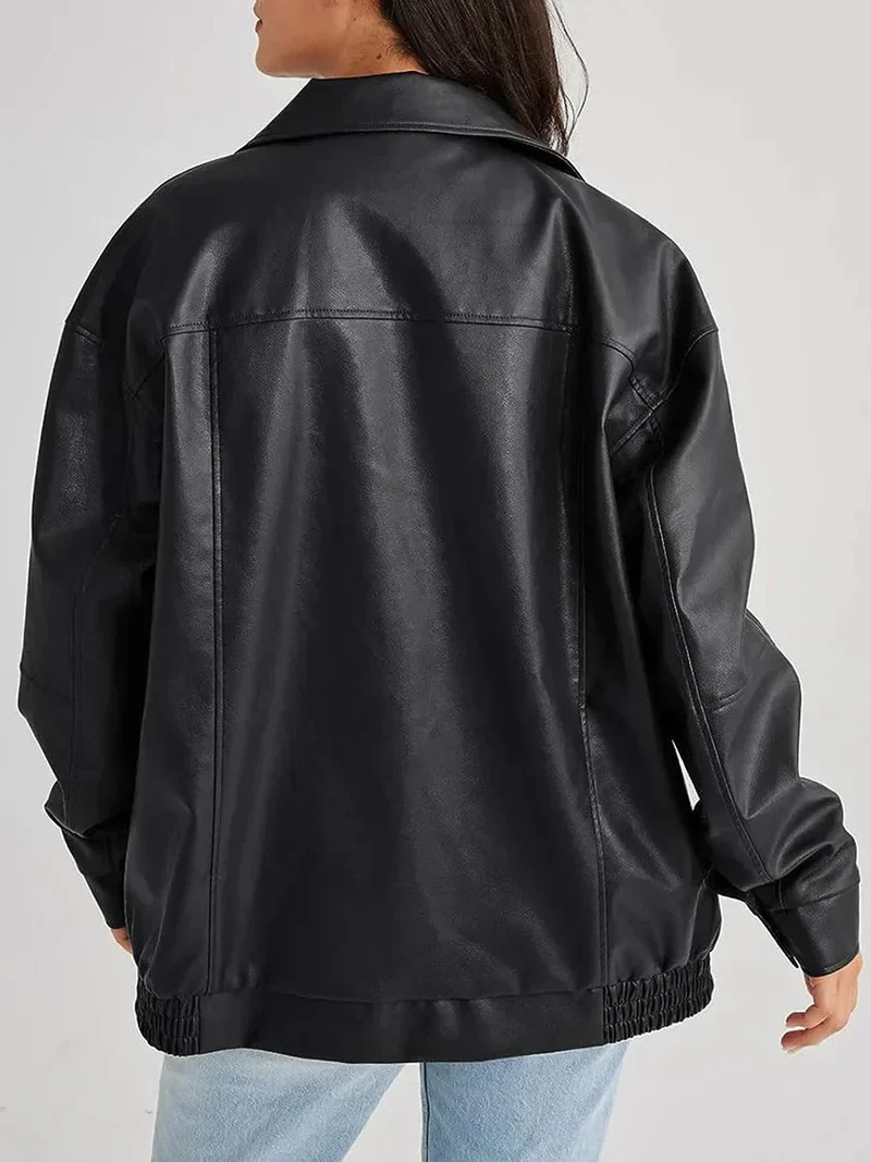 Damen Oversized Bomberjacke aus Kunstleder mit Reißverschluss