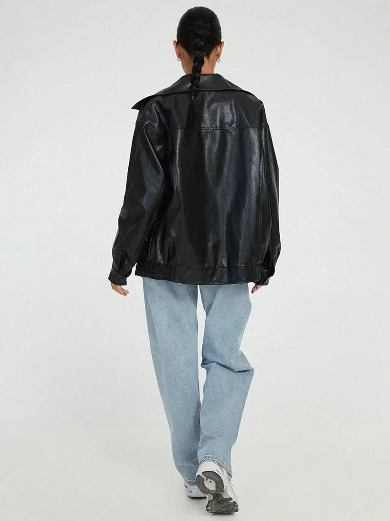 Damen Oversized Bomberjacke aus Kunstleder mit Reißverschluss