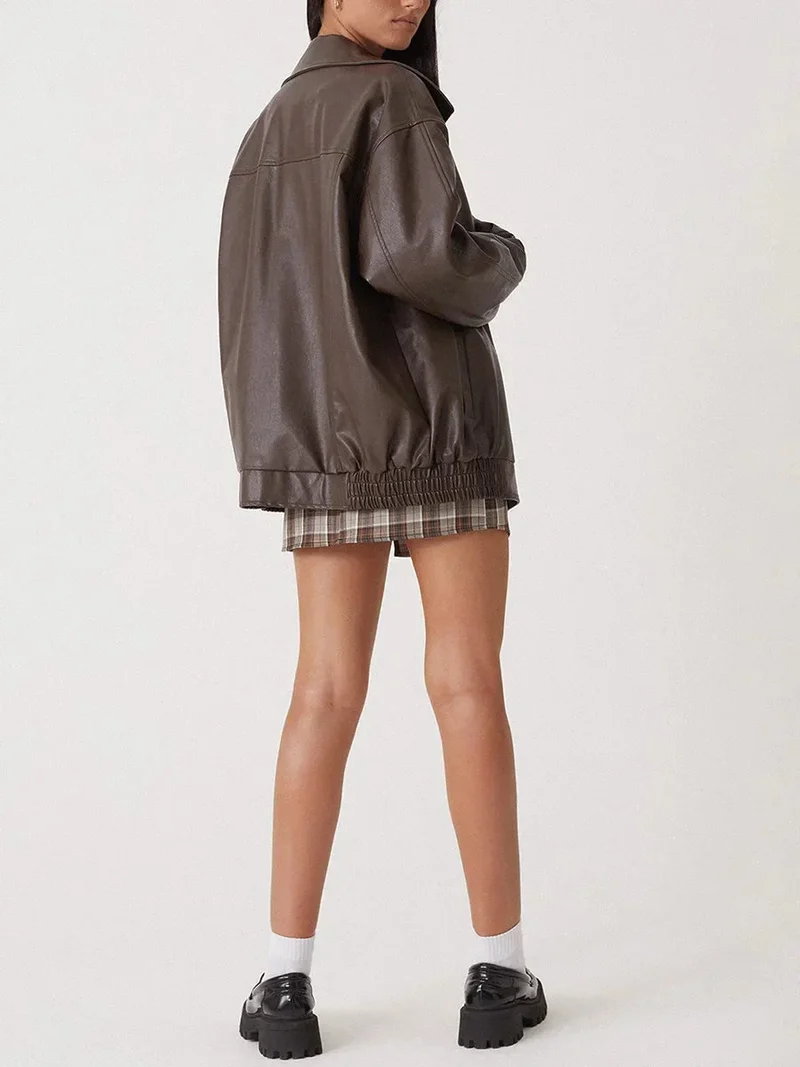 Damen Oversized Bomberjacke aus Kunstleder mit Reißverschluss
