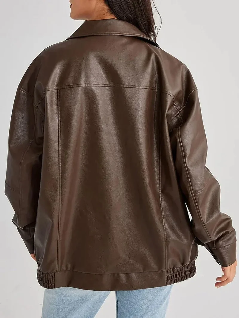 Damen Oversized Bomberjacke aus Kunstleder mit Reißverschluss