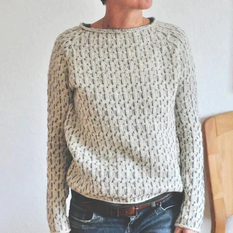 Damen Rundhals Strickpullover mit geripptem Saum und Bündchen