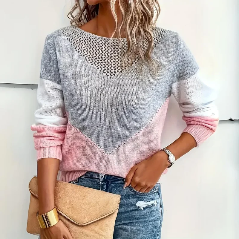 Damenpullover mit V-Form Kontrast und Strickmuster