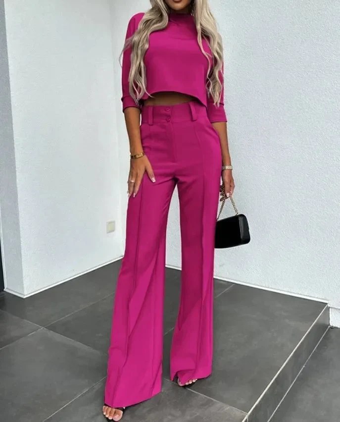 Damen elegantes zweiteiliges Set mit Crop Top und Hose mit weitem Bein
