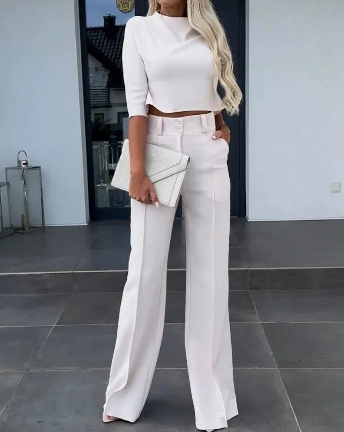 Damen elegantes zweiteiliges Set mit Crop Top und Hose mit weitem Bein
