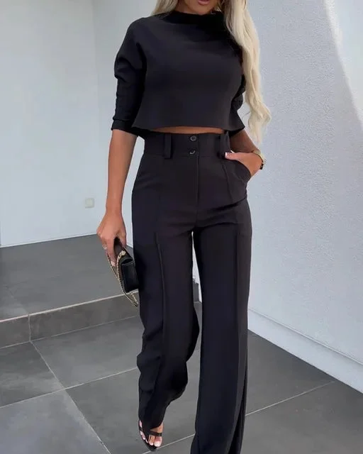 Damen elegantes zweiteiliges Set mit Crop Top und Hose mit weitem Bein