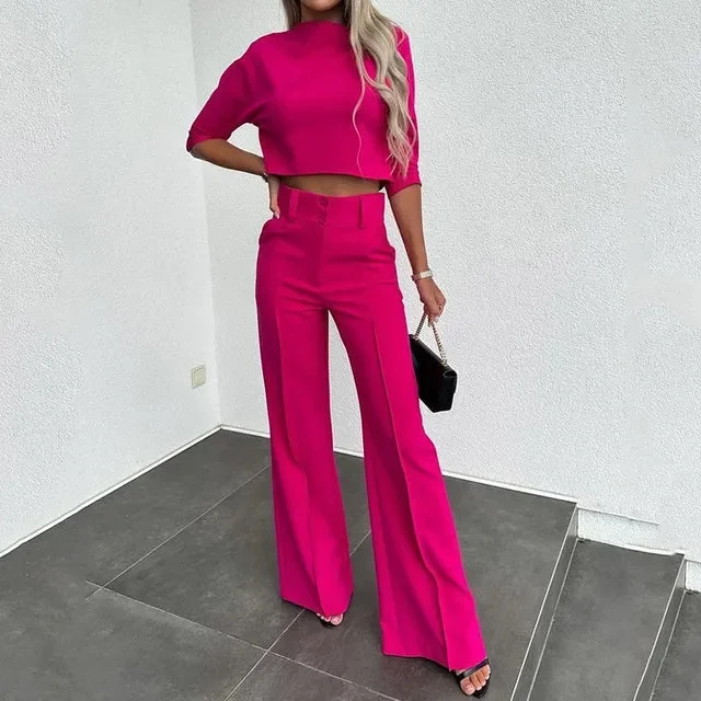 Damen elegantes zweiteiliges Set mit Crop Top und Hose mit weitem Bein