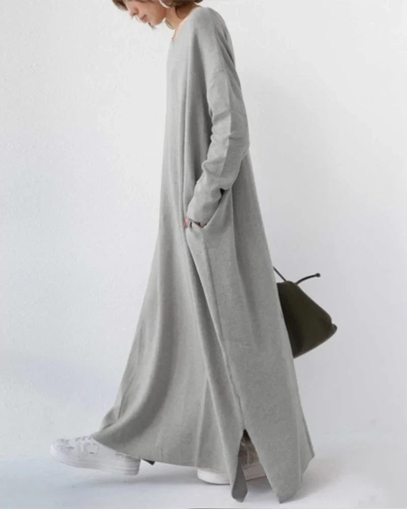 Damen Maxikleid mit V-Ausschnitt und langen Ärmeln