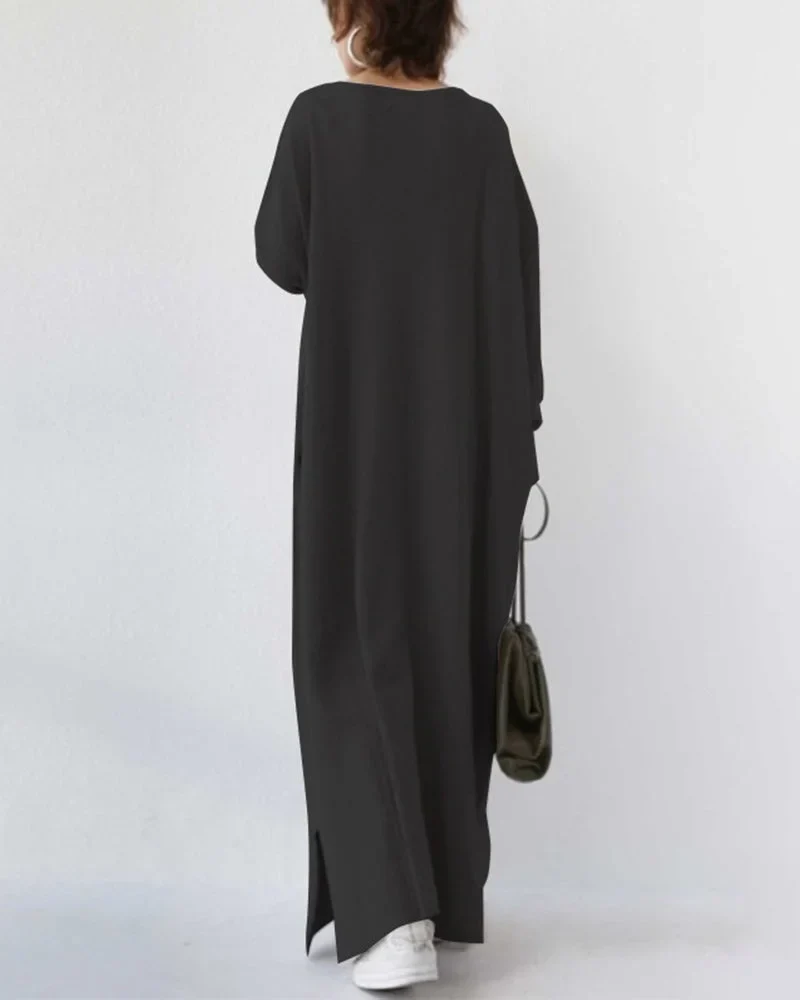 Damen Maxikleid mit V-Ausschnitt und langen Ärmeln